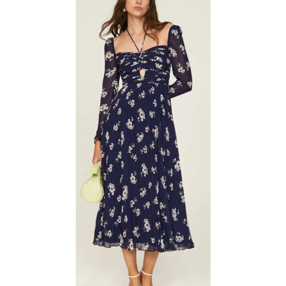 Self Portrait Pansy Floral Print Pleated Cut out Midi maxi Dress size 10
